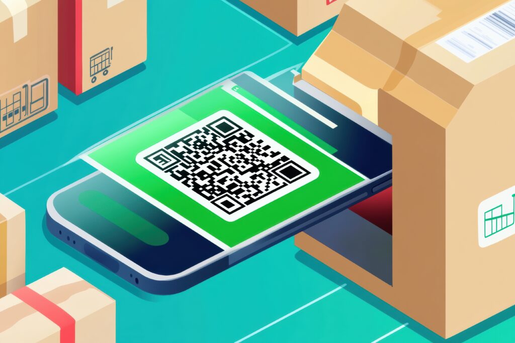 futuristic smartphone scanning qr code for a grocery order pickup in a modern delivery environment generative ai