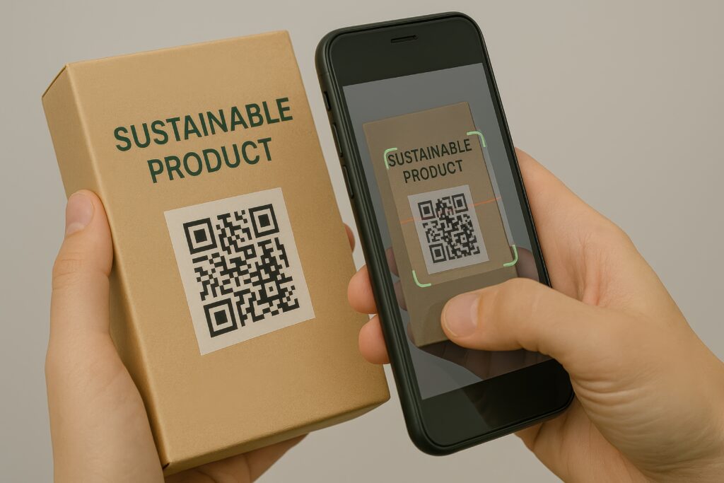 person scanning qr code on sustainable product packaging with smartphone in minimalist background