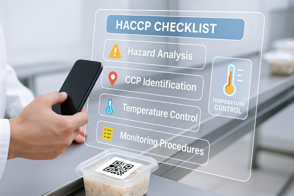 haccp checklist with hazard analysis, ccp identification, temperature control, and monitoring procedures displayed digitally over food container and smartphone in hand