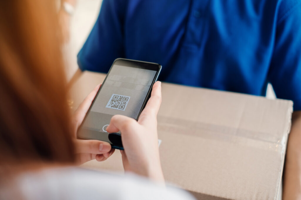 qr code scaning door to door delivery express sending send a package to customer receiver sign with smartphone checking shipping paying deliver cargo business occupation transportation shopping online