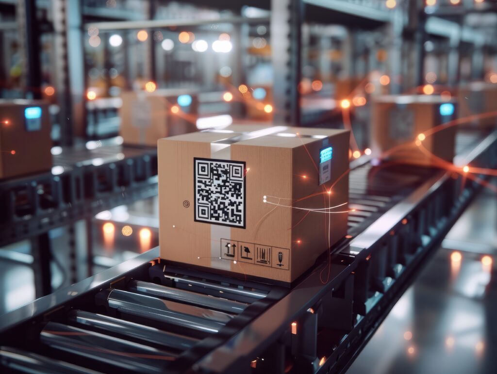 automatic logistics management. smart packaging into the warehouse workflow, cardboard box tags and qr codes for efficient tracking, authentication, and traceability throughout the supply chain