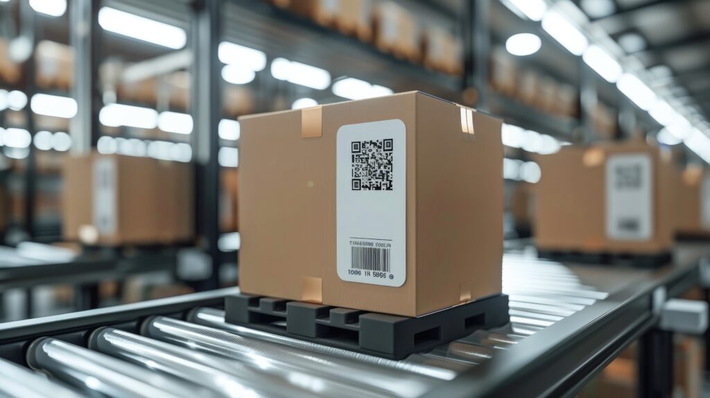 automatic logistics management. smart packaging into the warehouse workflow, cardboard box tags and qr codes for efficient tracking, authentication, and traceability throughout the supply chain.